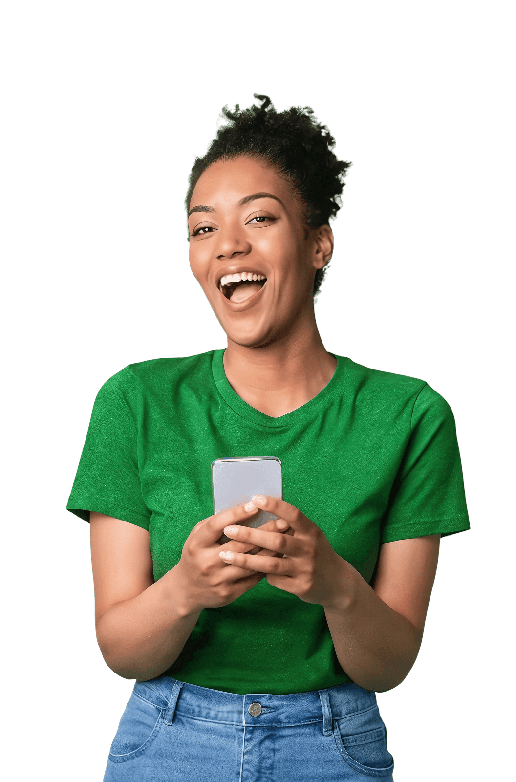 Happy woman holding phone with rising credit score